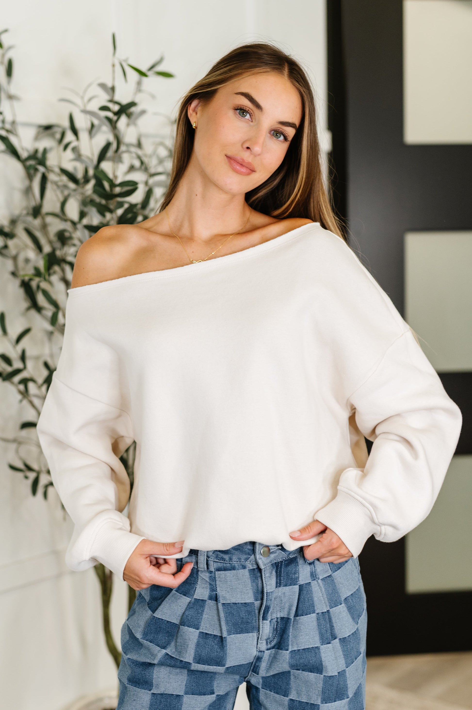 Side Hustle Off Shoulder Long Sleeve Top in Bone