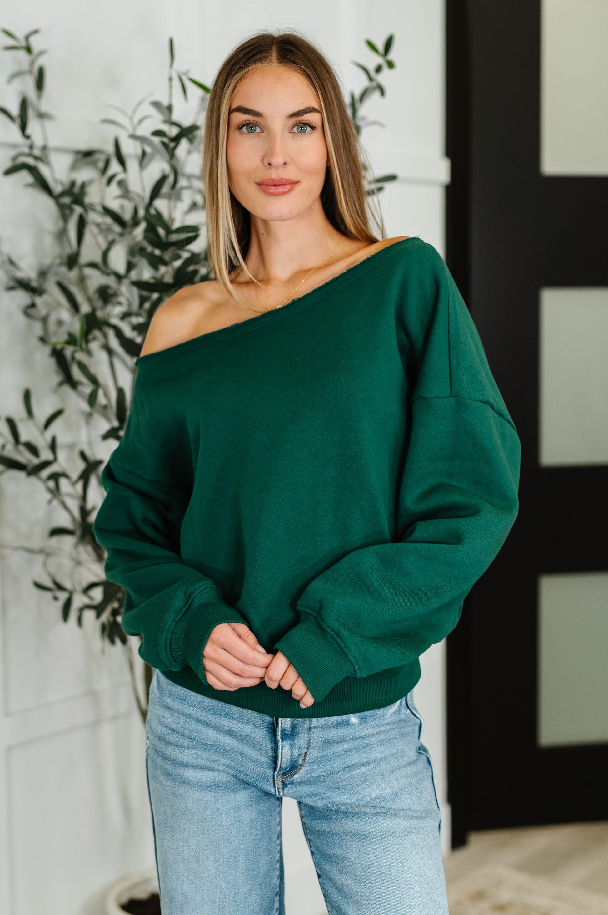 Side Hustle Off Shoulder Long Sleeve Top in  Hunter Green