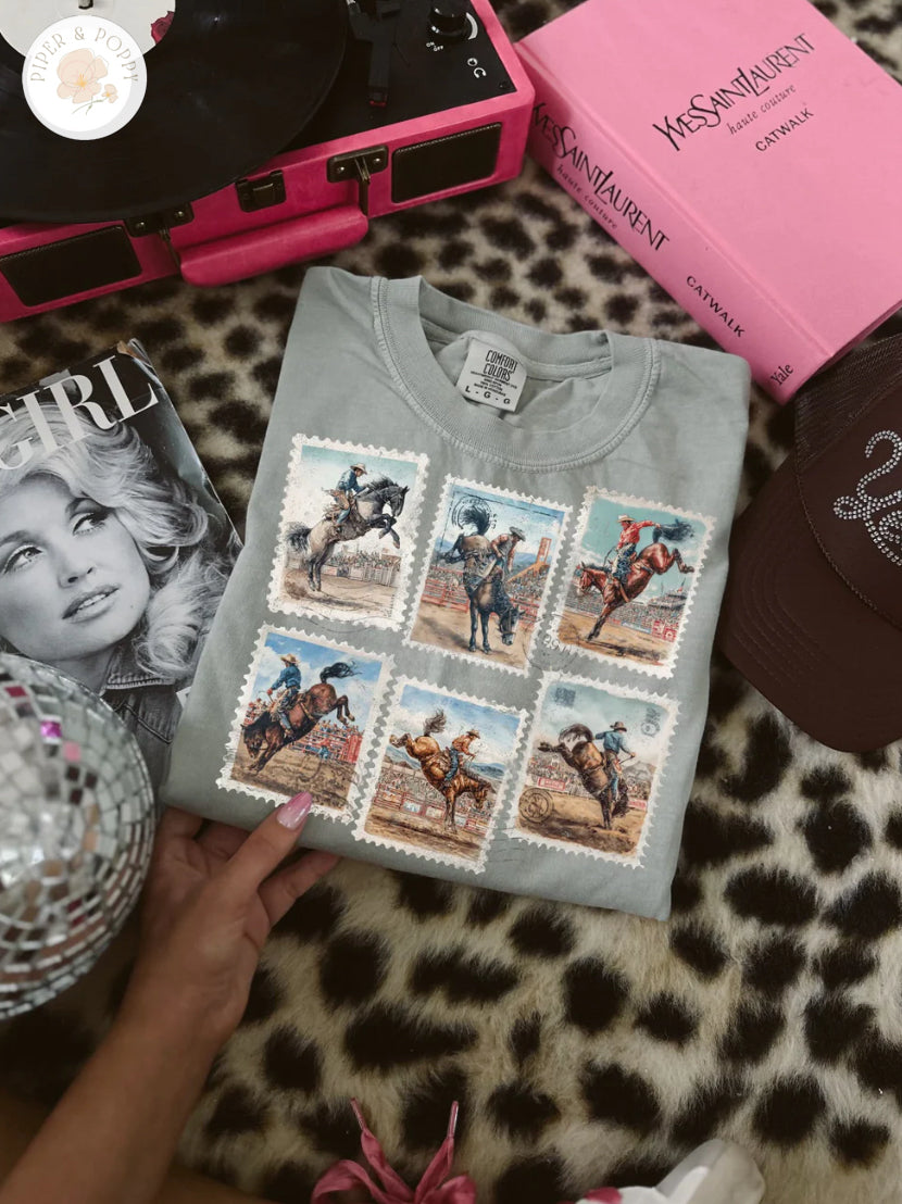 Cowboy Vintage Western Stamps Tee or Crew