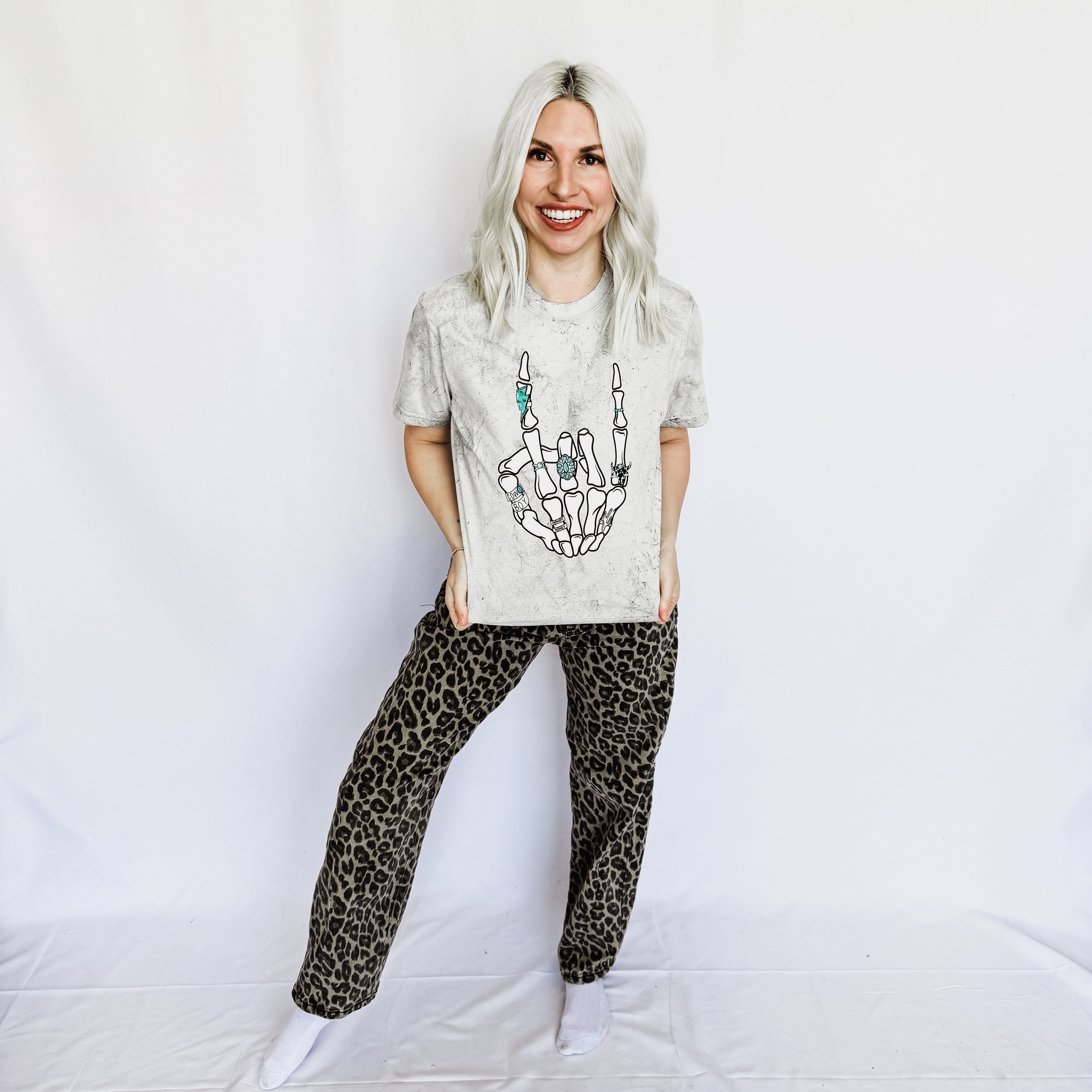 Turquoise Skeleton Peace Sign Graphic Tee