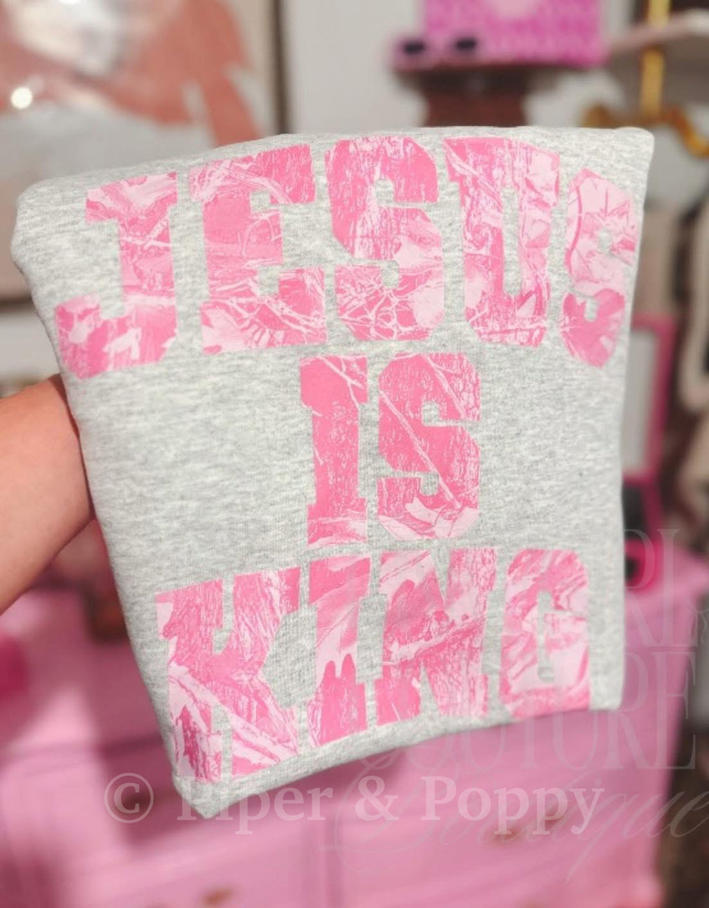 Pink Camo Jesus Is King Tee or Crew