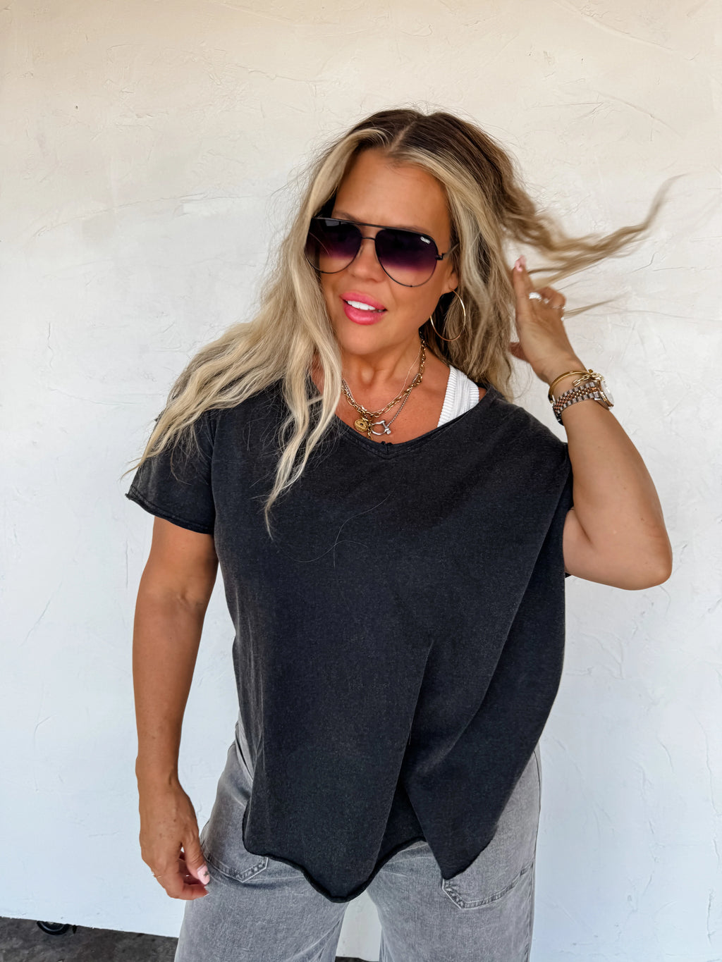 Joey V Neck Washed Cotton Boyfriend Tee