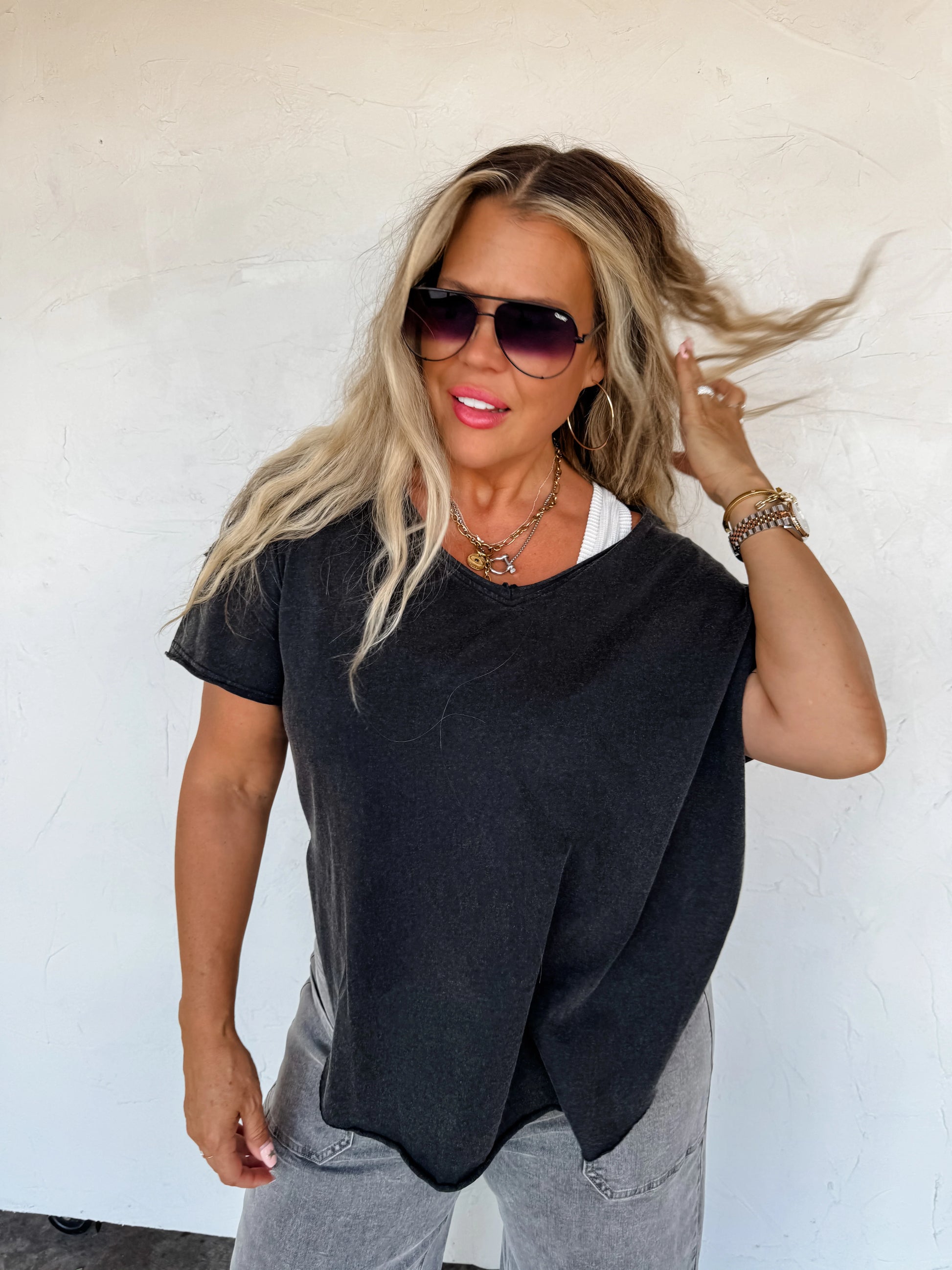 Joey V Neck Washed Cotton Boyfriend Tee