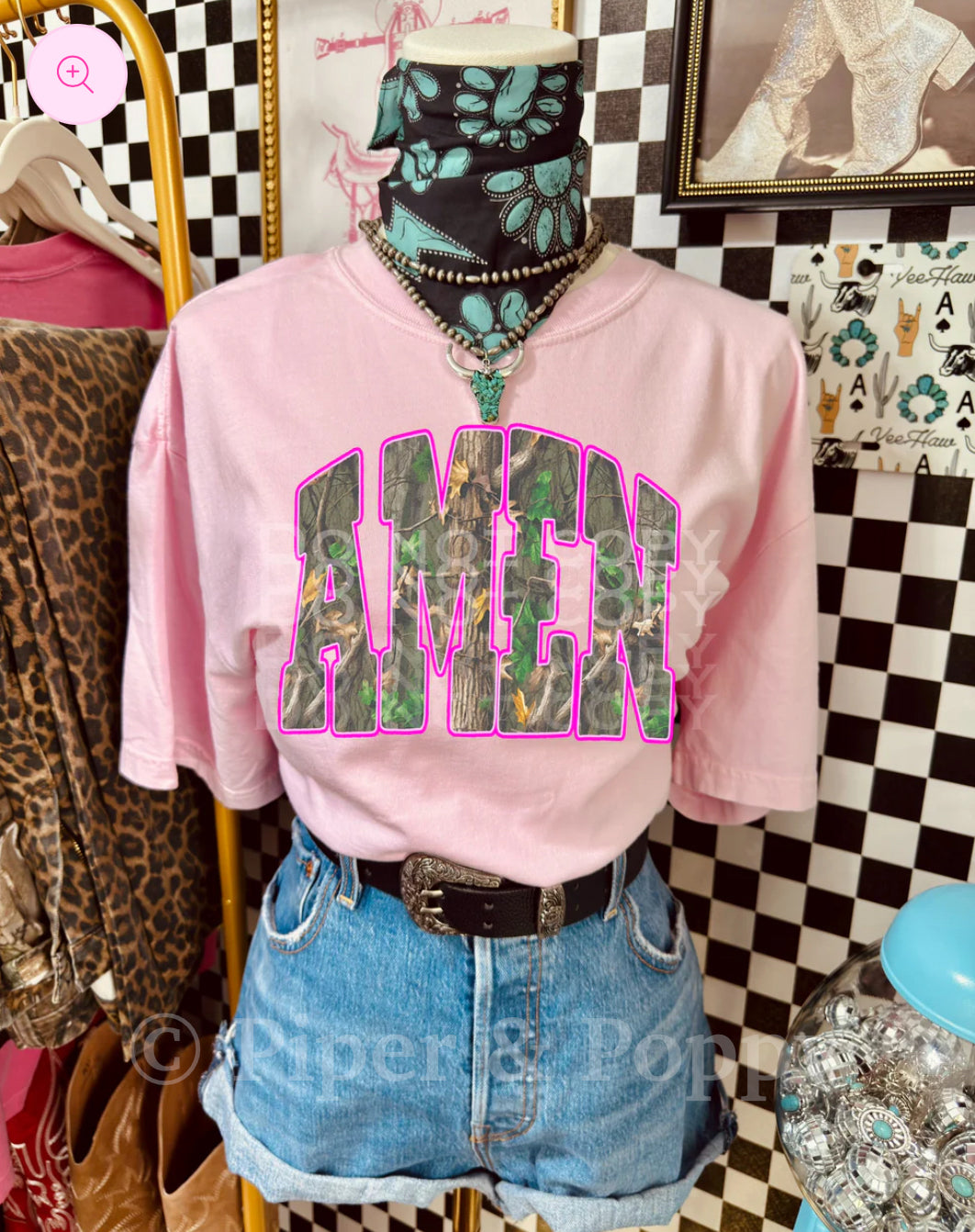 Camo Pink Outline Amen Tee