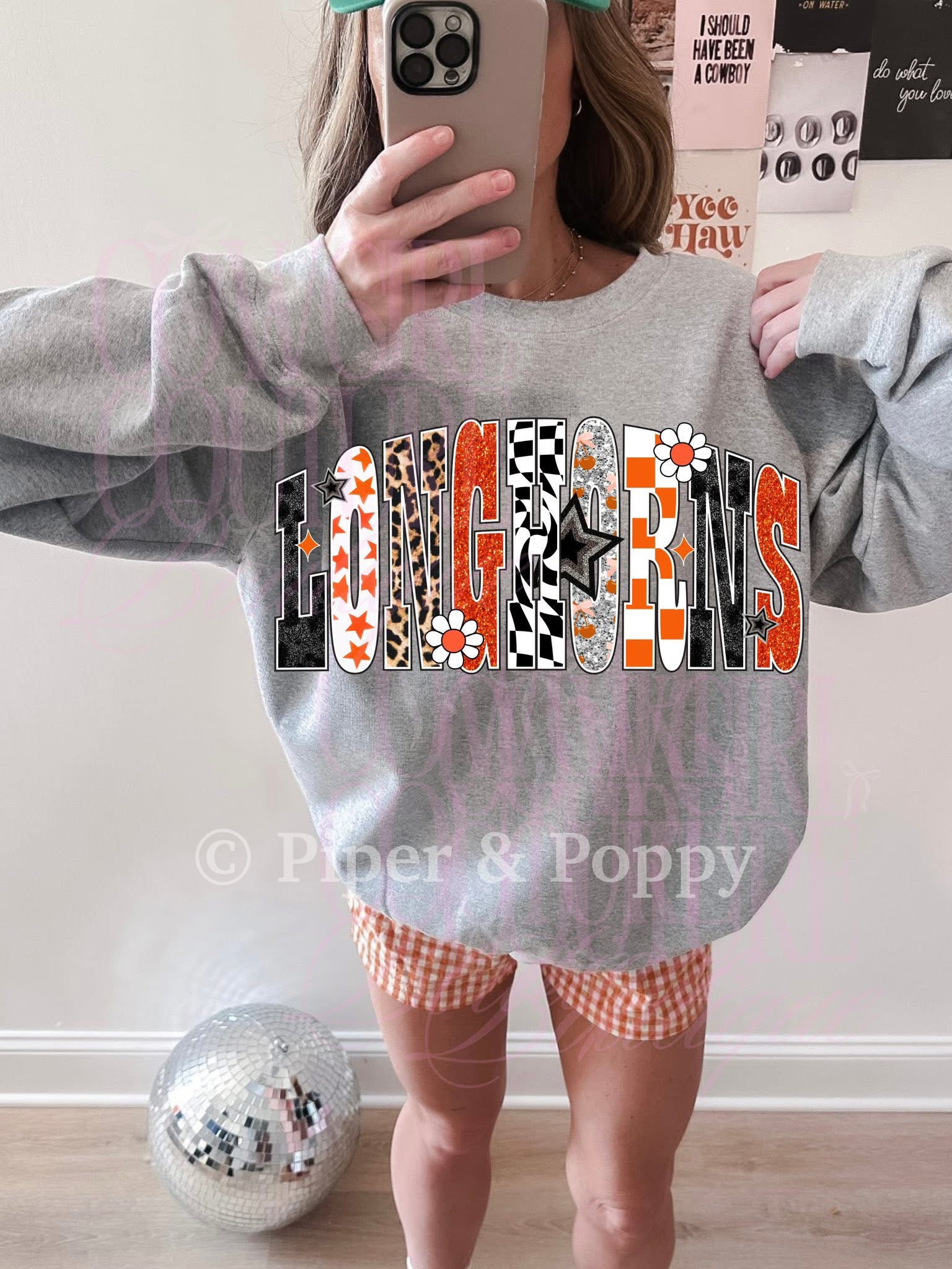 Longhorns Glitzy Tee or Crew