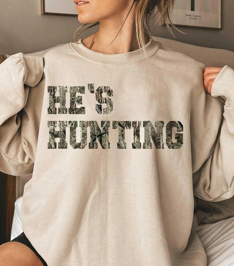 He’s Hunting Camo Letters Crew