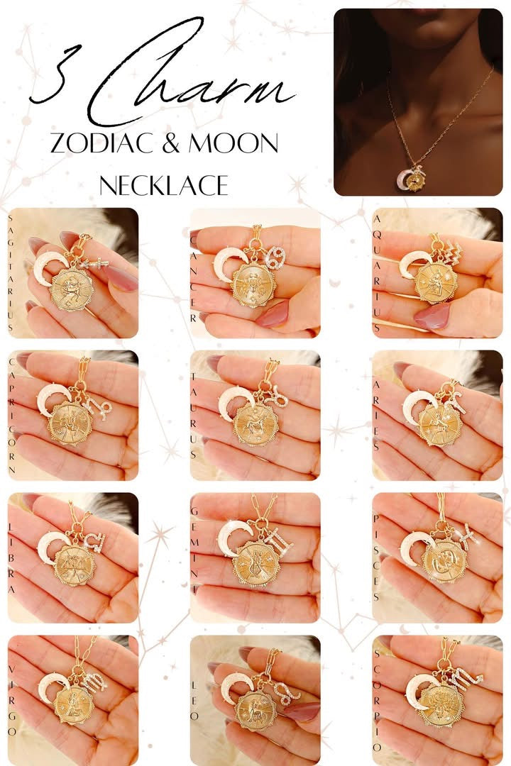 Zodiac & Moon Cubic Zirconia Pendant Charm Necklace