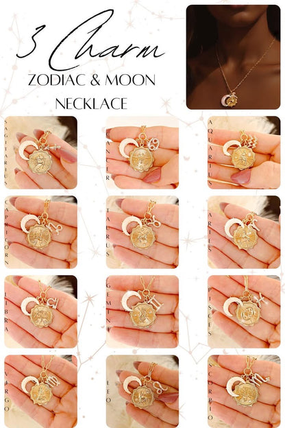 Zodiac & Moon Cubic Zirconia Pendant Charm Necklace