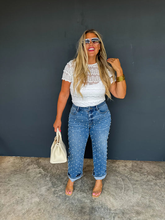 Denim & Pearls Crop Jeans