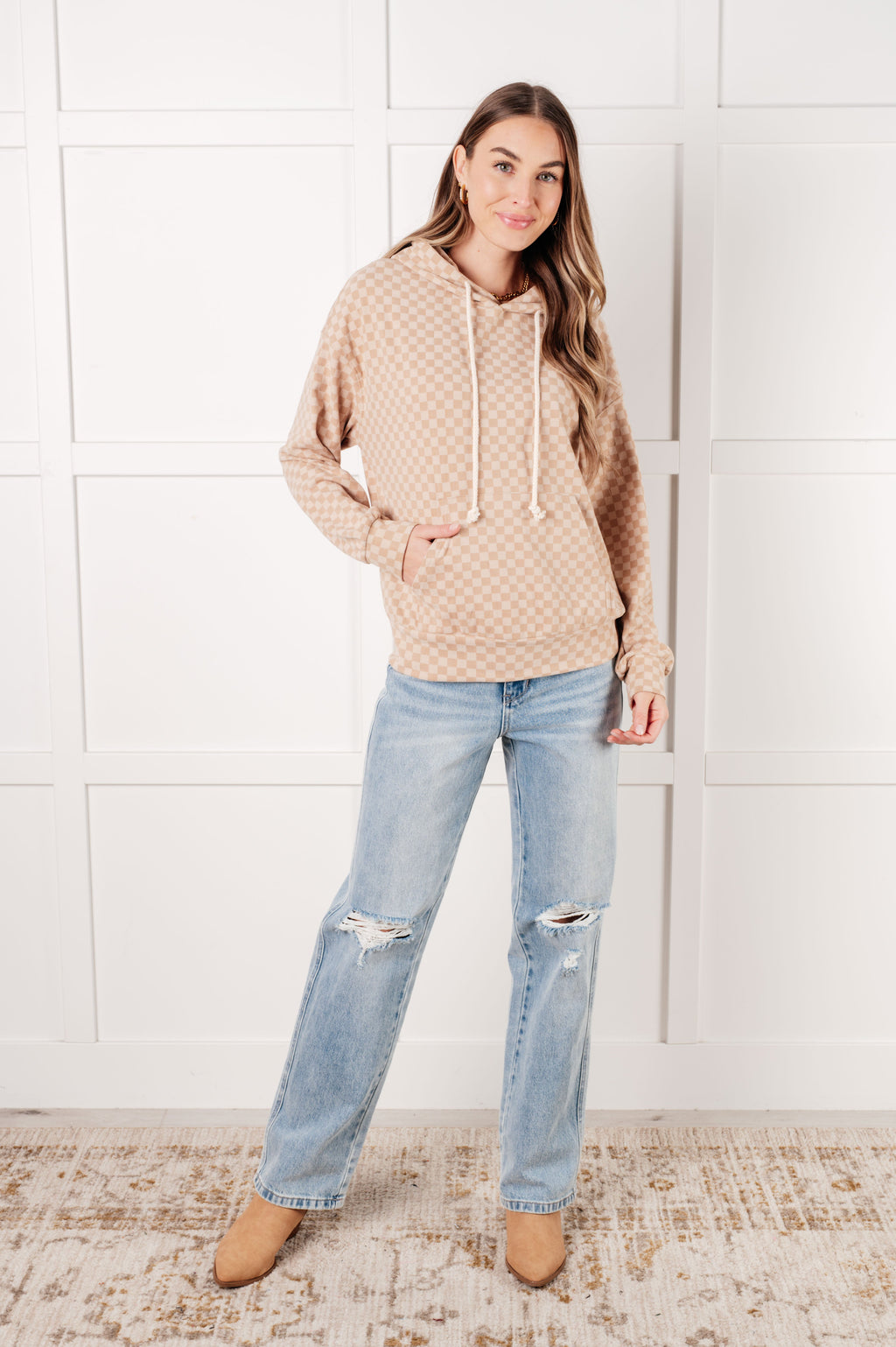 Ask Me Out Checkered Hoodie in Beige