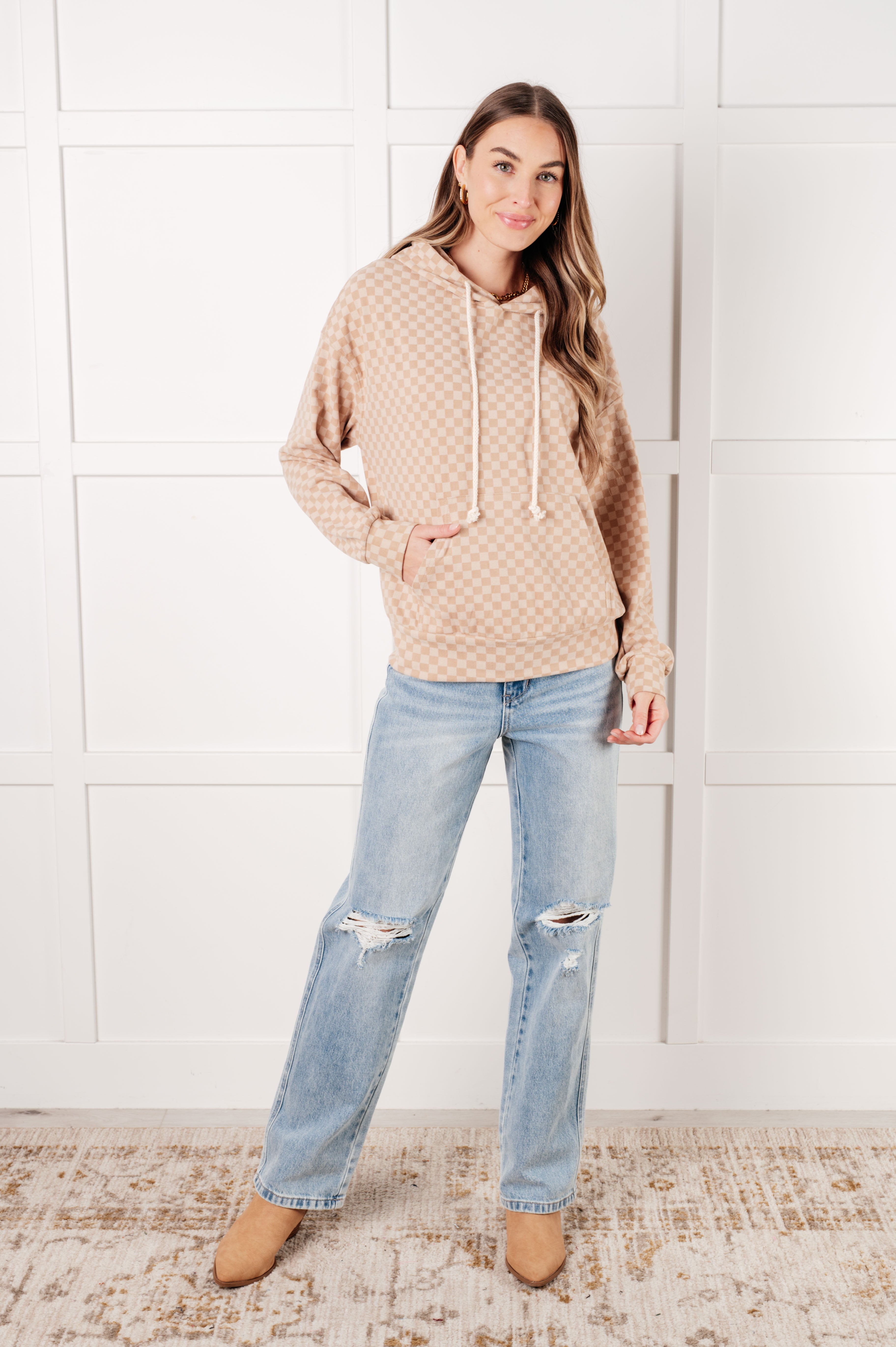 Ask Me Out Checkered Hoodie in Beige