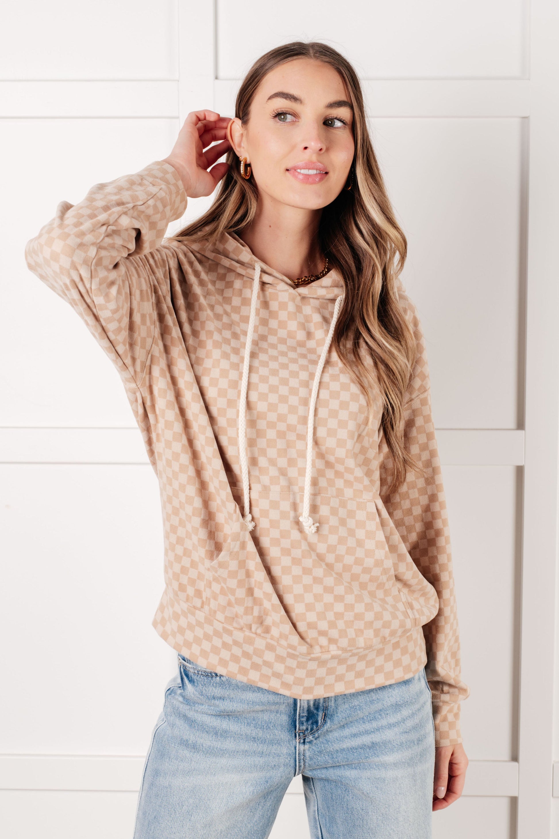 Ask Me Out Checkered Hoodie in Beige