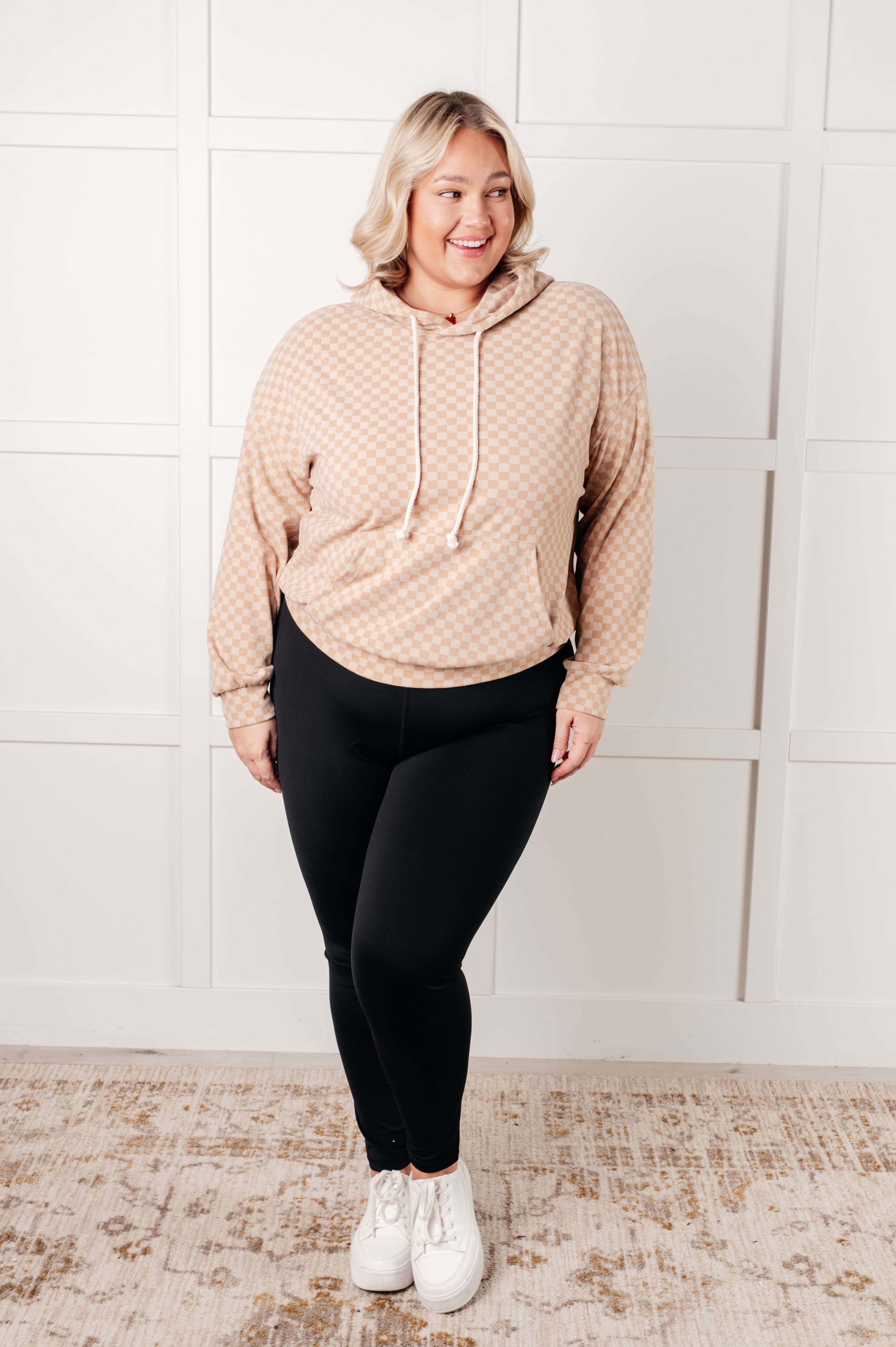 Ask Me Out Checkered Hoodie in Beige