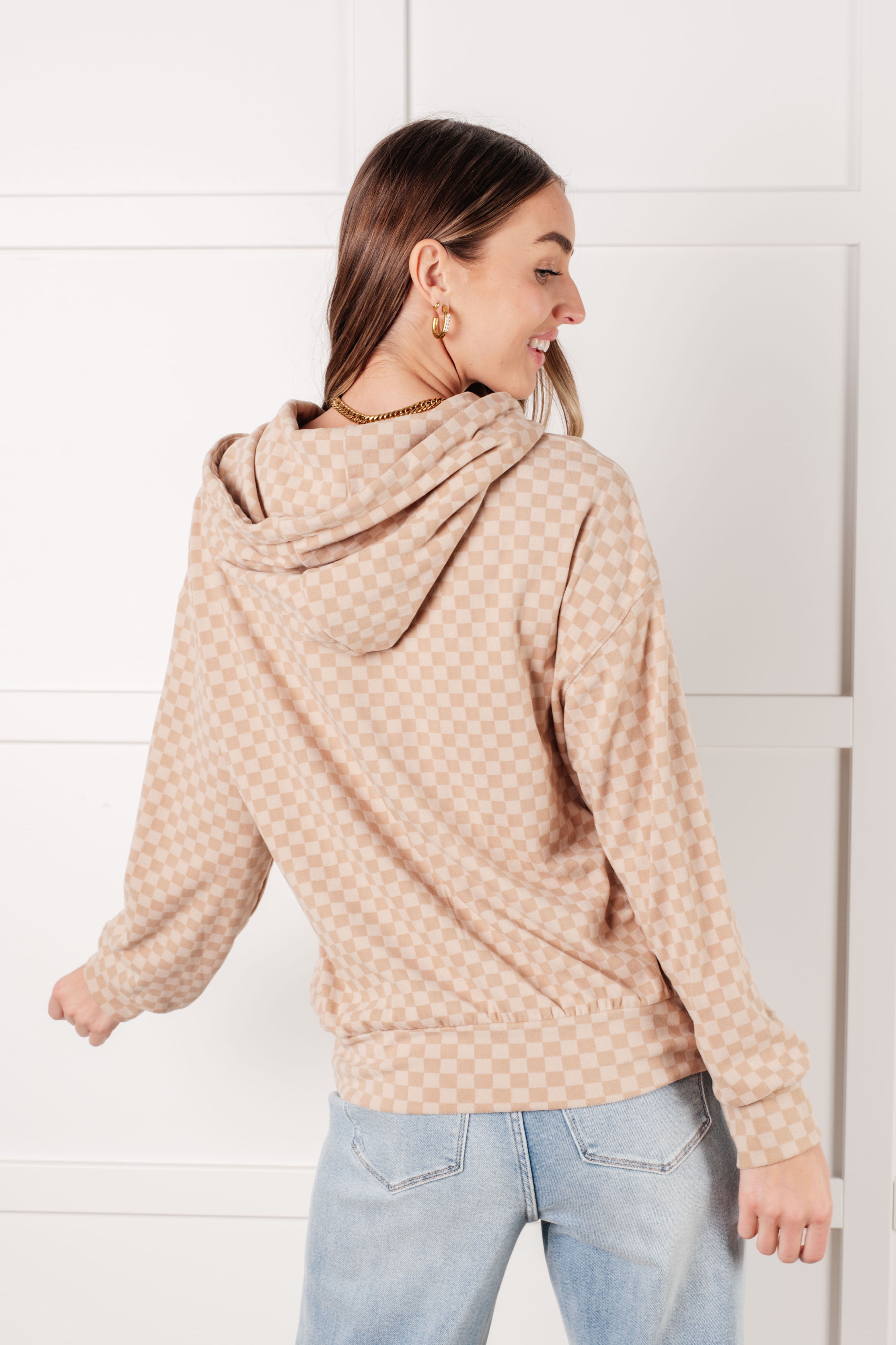 Ask Me Out Checkered Hoodie in Beige