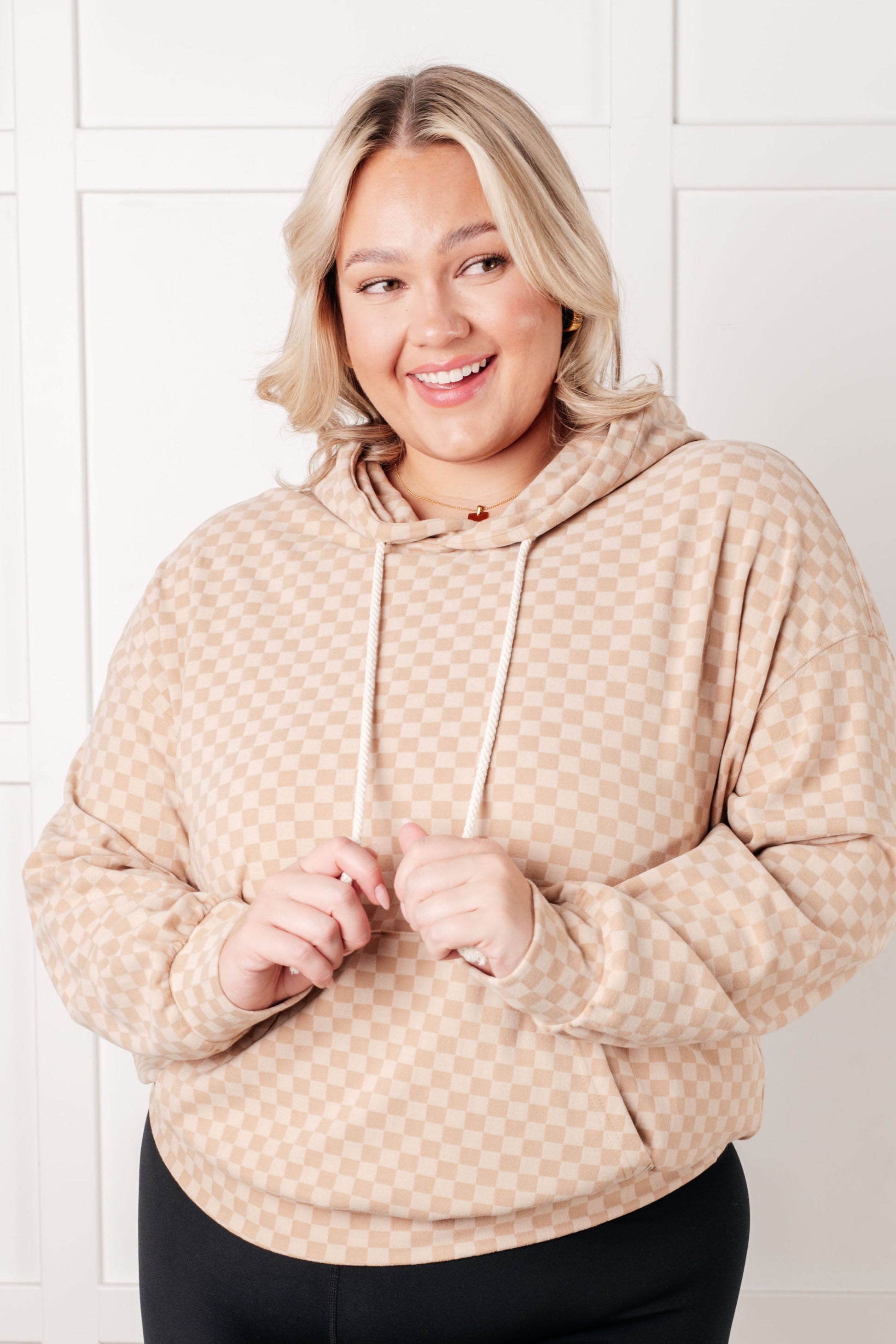 Ask Me Out Checkered Hoodie in Beige