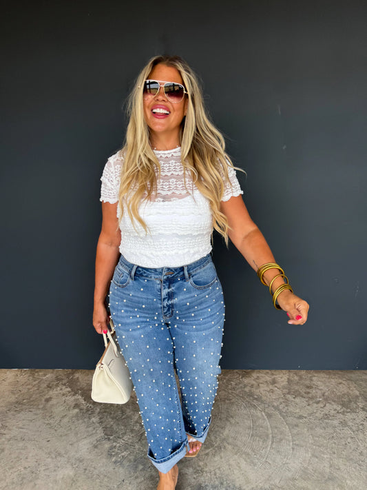 Denim & Pearls Crop Jeans