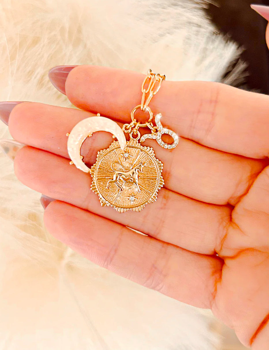 Zodiac & Moon Cubic Zirconia Pendant Charm Necklace