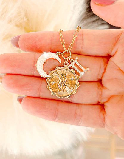 Zodiac & Moon Cubic Zirconia Pendant Charm Necklace