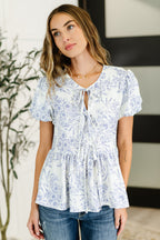 Dainty Lil' Thing Balloon Sleeve Blouse in Ivory/Blue