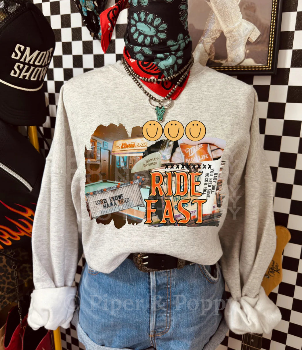 Ride Fast Collage Tee or Crew
