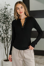 Effortless Edge Knit Henley Top in Black