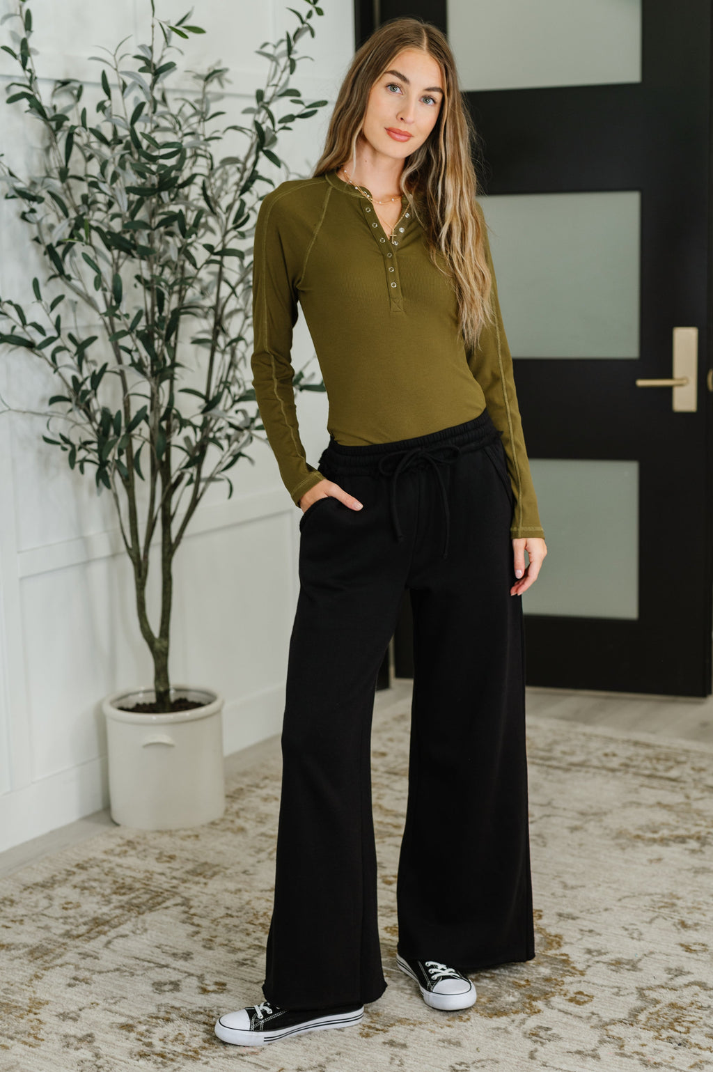 Effortless Edge Knit Henley Top in Camo Green