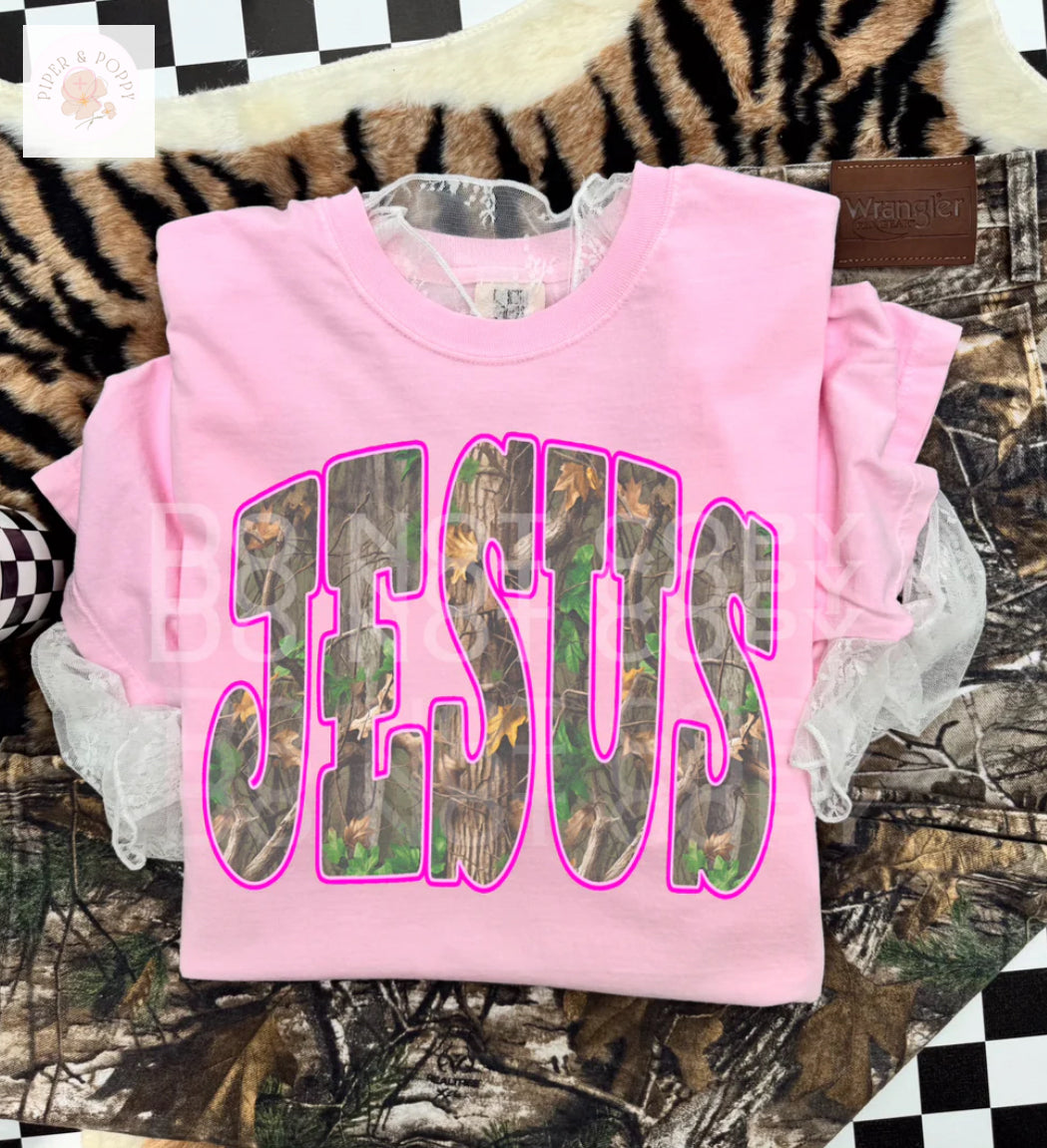 Camo Pink Outline Jesus Tee
