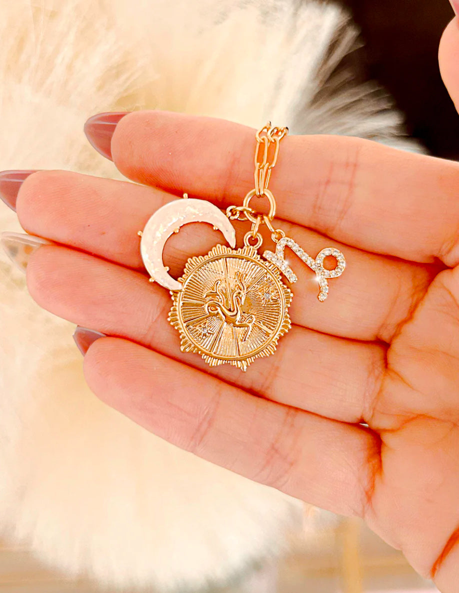 Zodiac & Moon Cubic Zirconia Pendant Charm Necklace