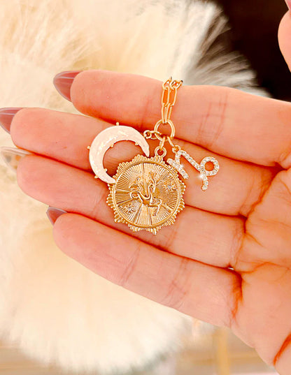 Zodiac & Moon Cubic Zirconia Pendant Charm Necklace