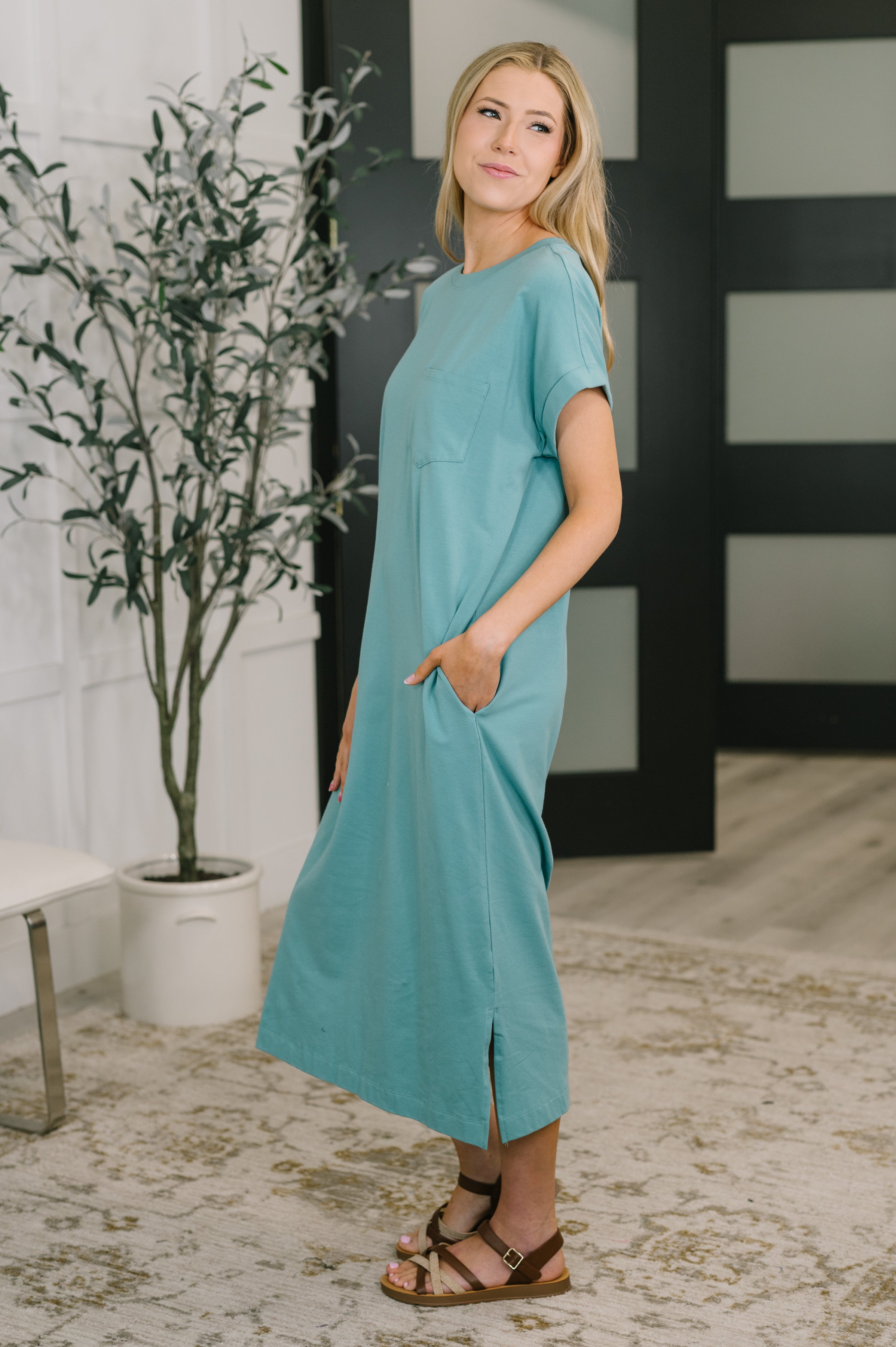 Harley Short Sleeve Midi Dress in Dusty Teal