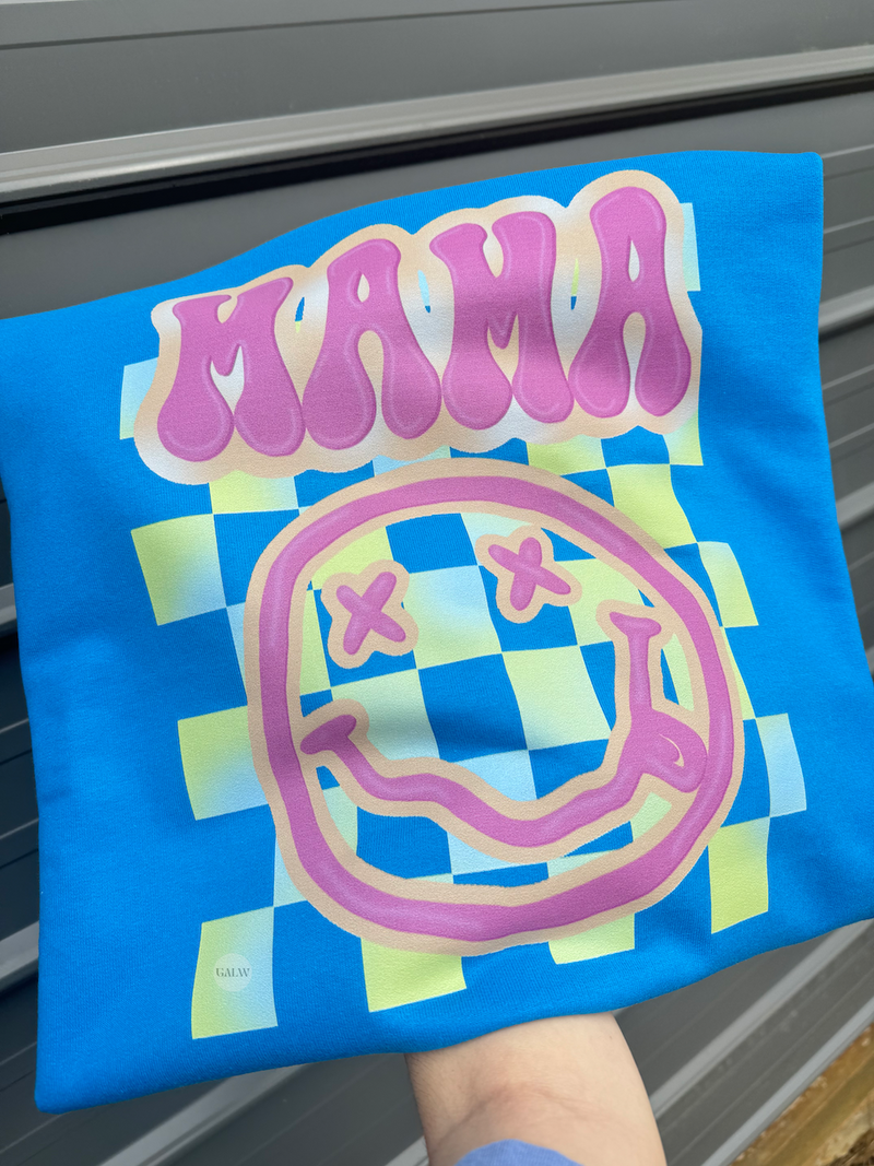 Mama Neon Checker Smiley Face Tee