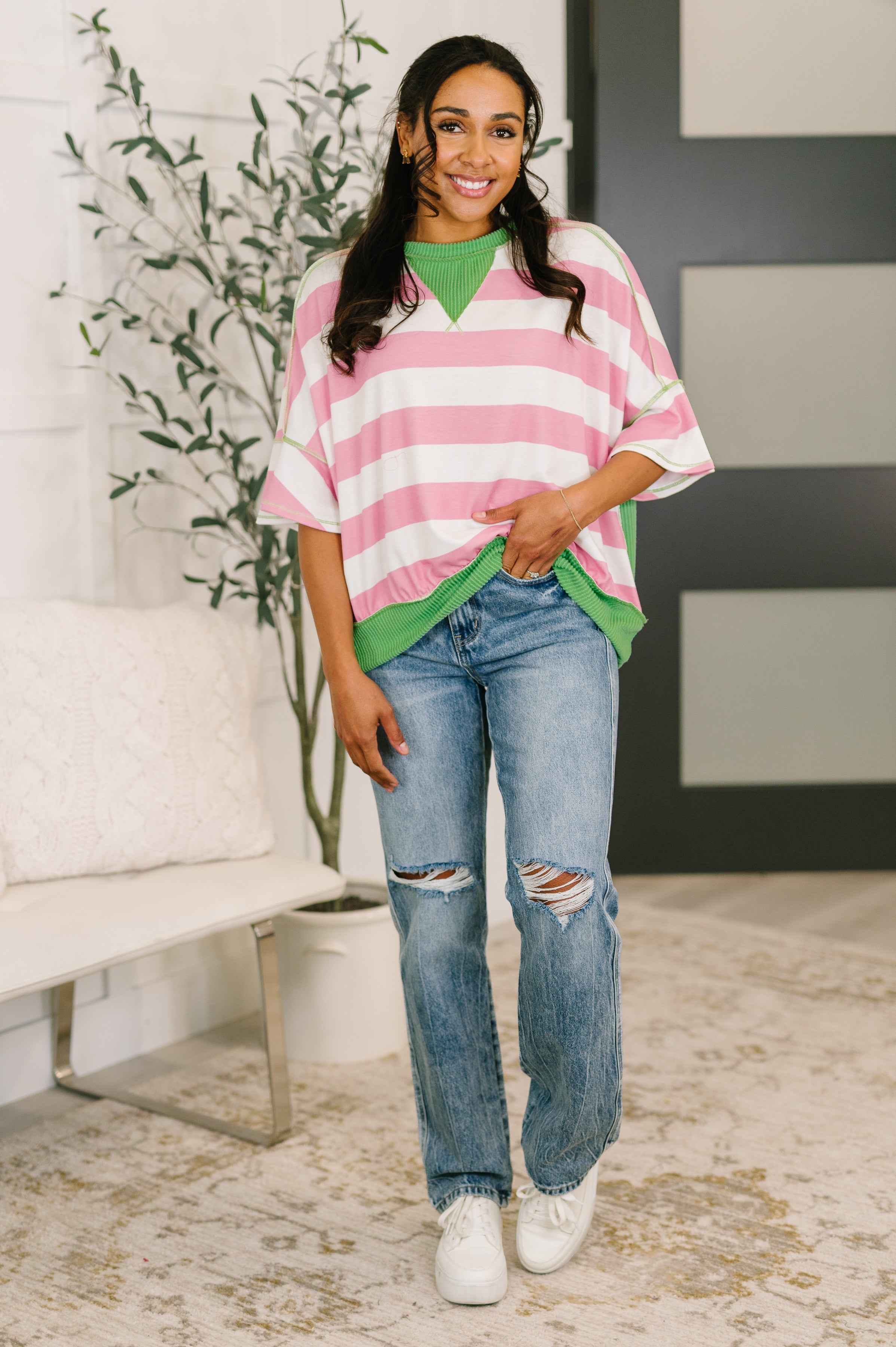 What's a Girl to Do Contrast Trim Relaxed Top