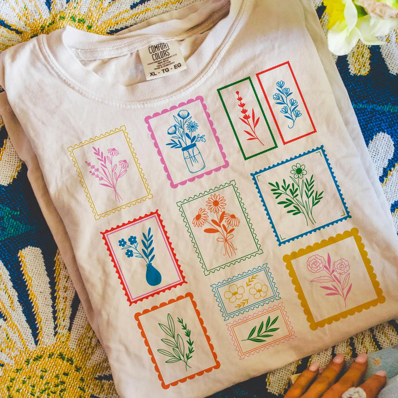 Whimsical Flower Postage Stamps Tee
